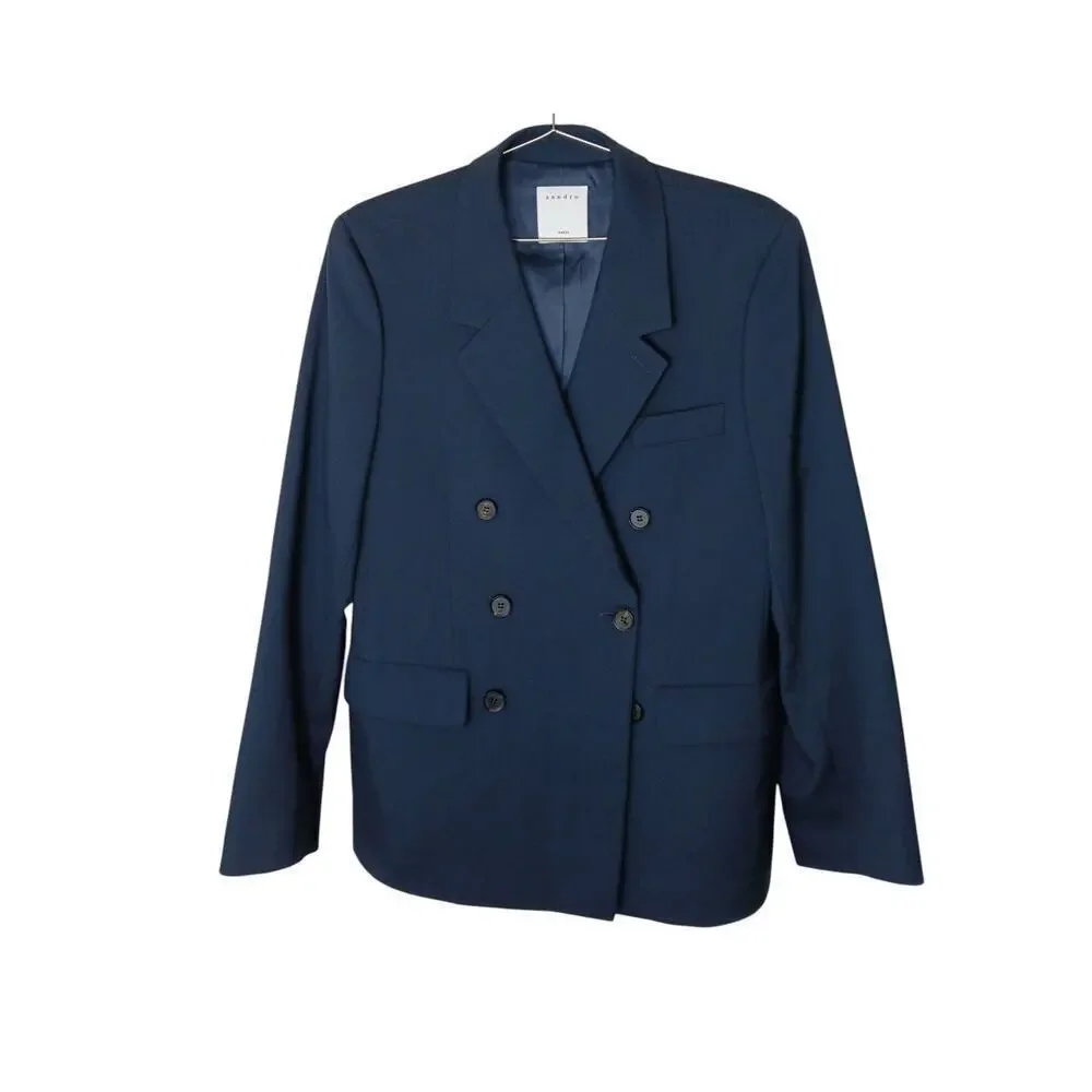 Sandro Paris Blazer Jacket FR 48 US 38 Navy Wool Double Breasted Mens Oversized